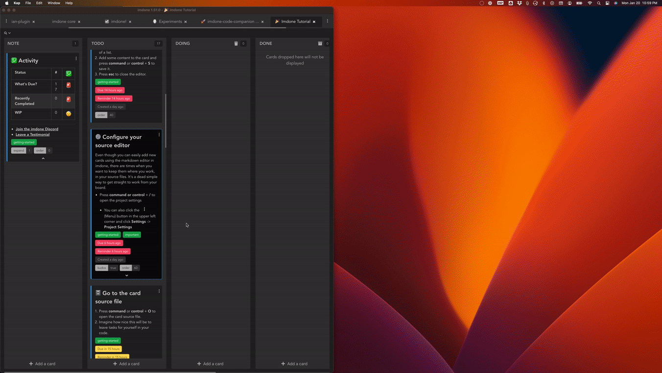 Imdone Desktop working with Obsidian vault showing real-time sync between markdown files and kanban board