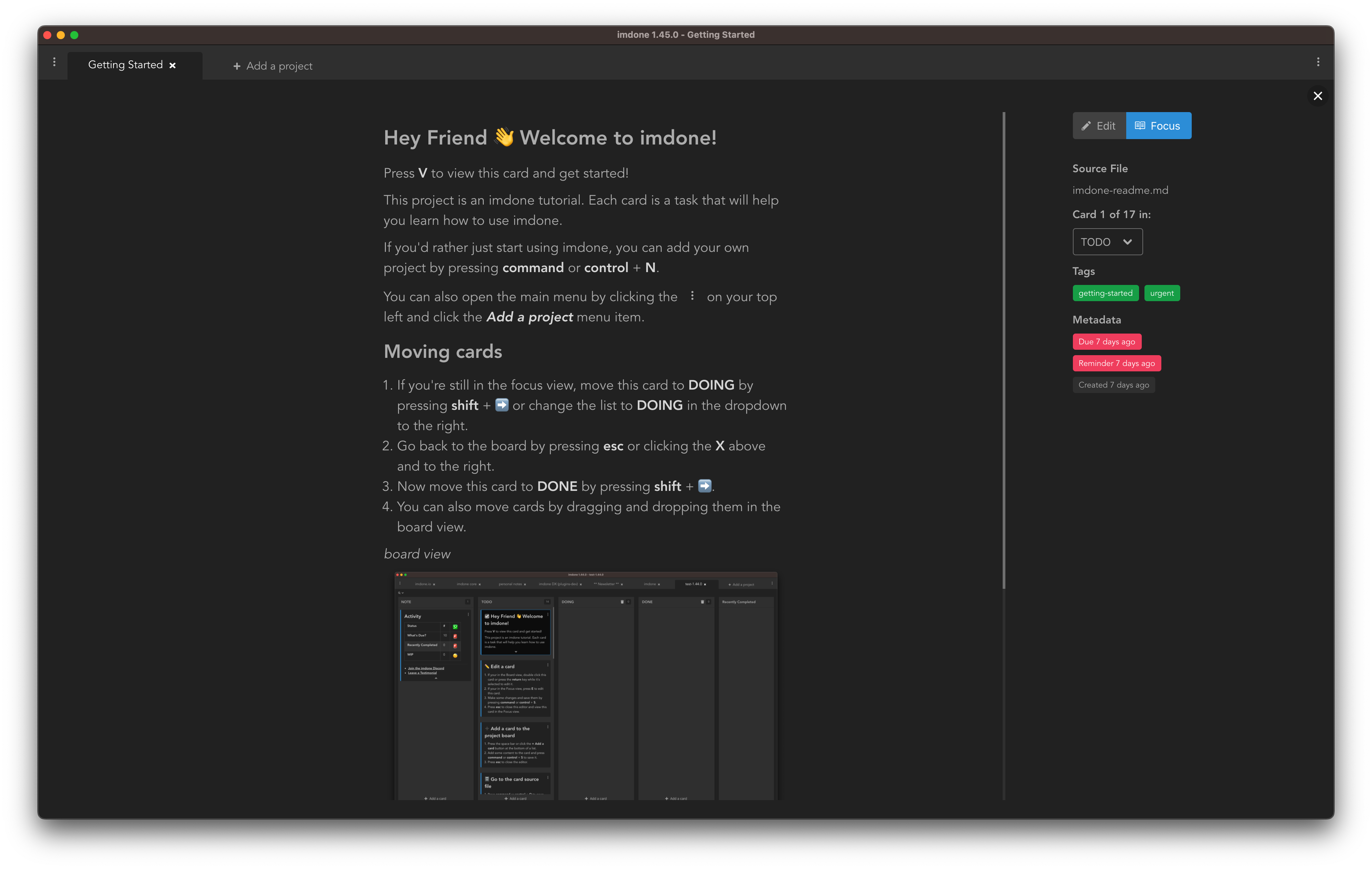 Imdone card showing TODO comment details, tags, and metadata