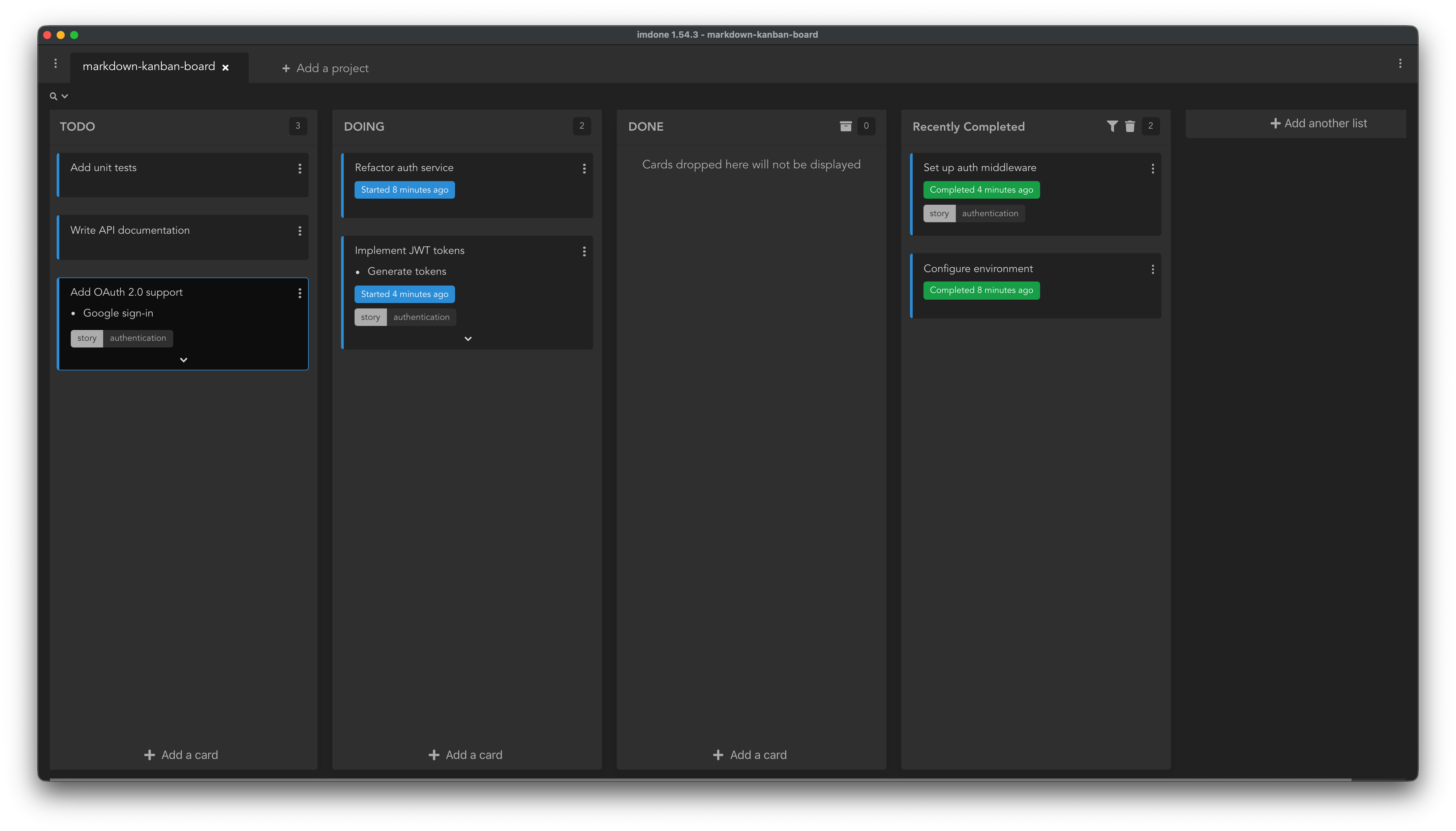 Imdone kanban board showing TODO, DOING, and DONE columns with task cards